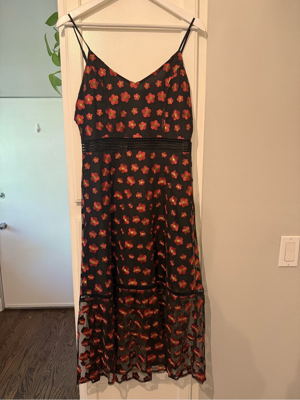 Jack by BB Dakota Black Midi Dress with Red & Green Floral Embroidery